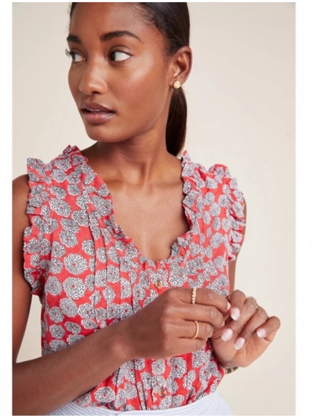 Anthropologie Maeve red floral sleeveless ruffle blouse 12